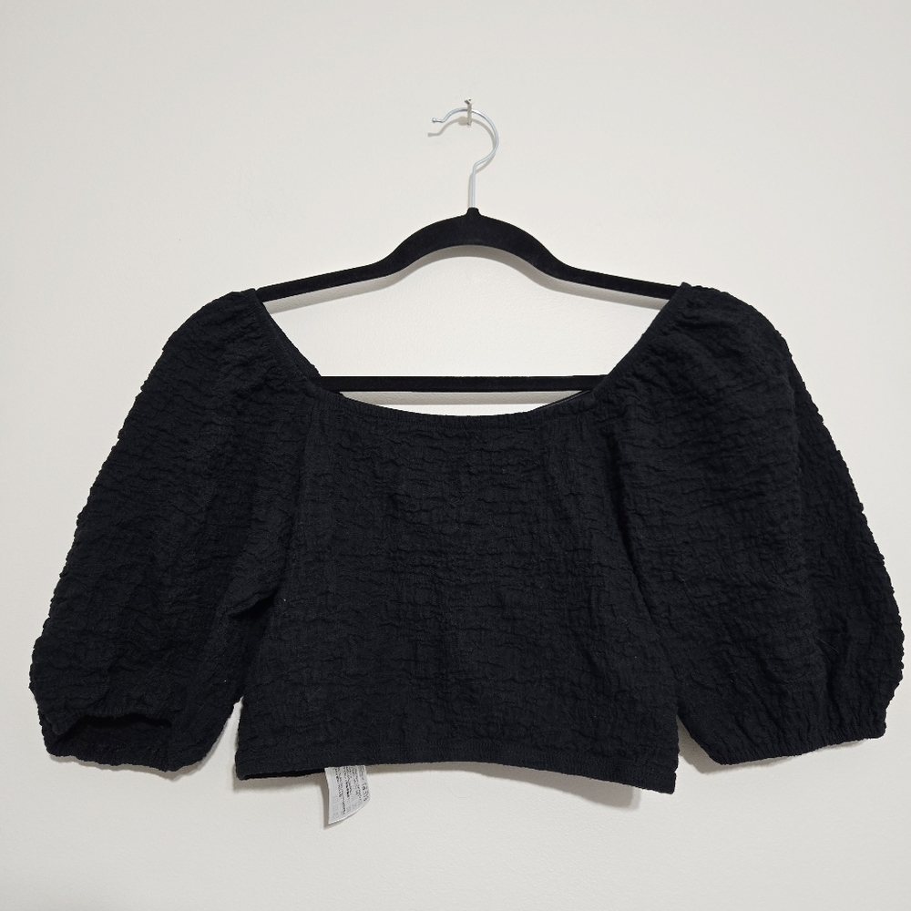 Mango Black Textured Crop Top Puff Sleeve Square Neck Women's Size S